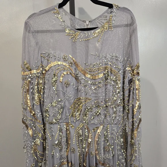 NWT Mac Duggal PLATINUM GOLD LONG SLEEVE‎ EMBELLISHED ILLUSION GOWN… - Picture 4 of 12